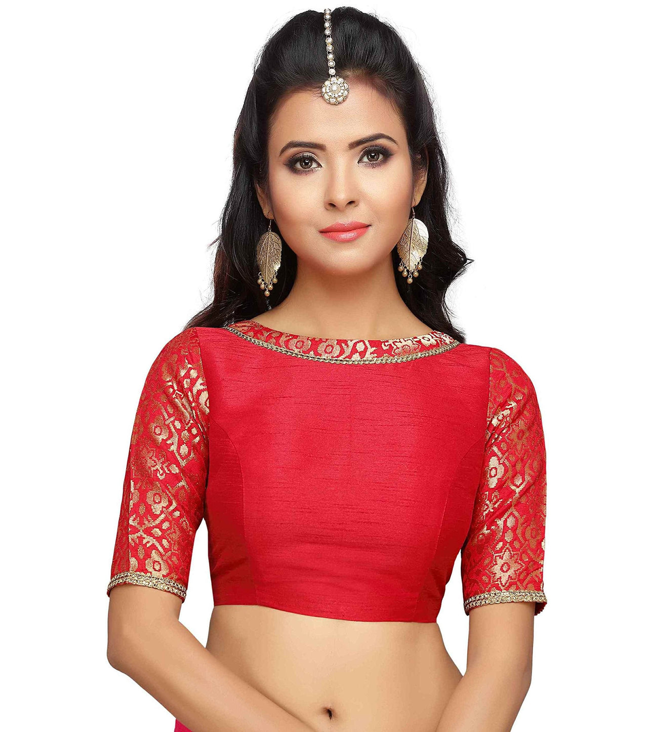 X3 Women's  Brocade And Silk Readymade Saree Blouse With Boat Neck And Elbow Length Sleeves Navy Blue 36