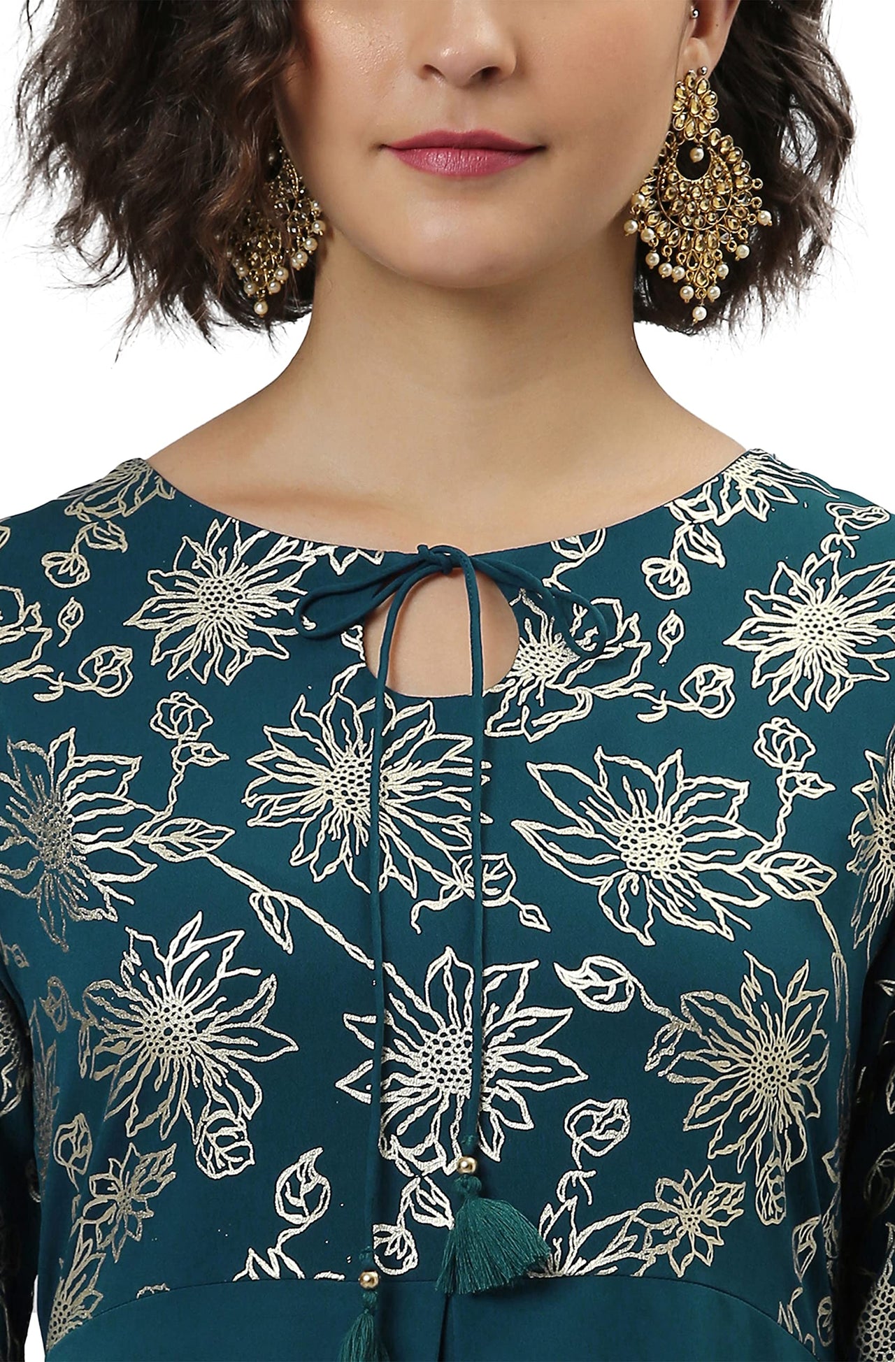 Janasya Women's  Teal Ethnic Motifs Crepe Kurta S