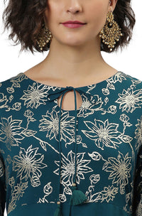 Janasya Women's  Teal Ethnic Motifs Crepe Kurta S