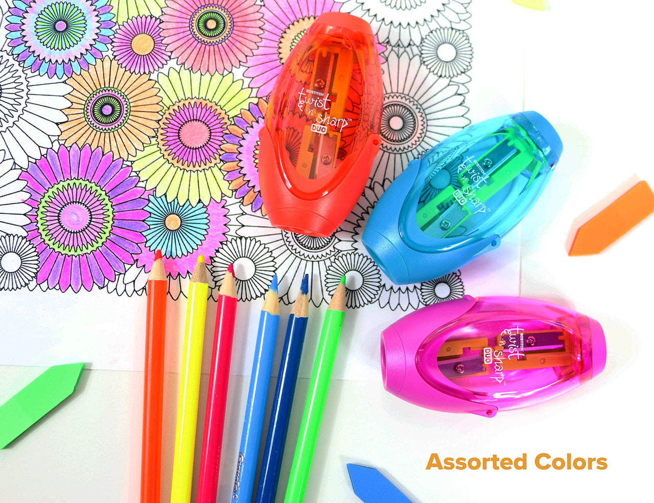 Bostitch Office Twist-N-Sharp Manual Pencil Sharpener, 2 Holes for Standard and Jumbo Pencils with Ratchet Technology, 1 Sharpener Random Color