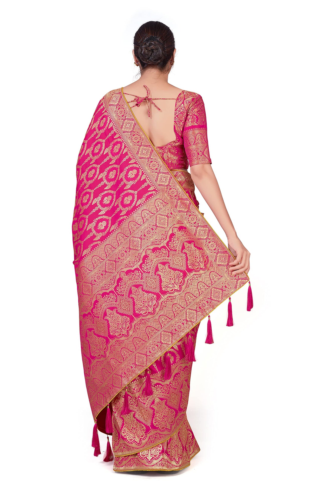 Monjolika Fashion Women's  Banarasi Silk Peach Color Golden Zari Woven Saree With Separate Embellished And Unsttiched Blouse Piece