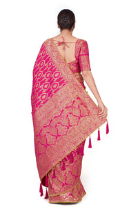 Monjolika Fashion Women's  Banarasi Silk Peach Color Golden Zari Woven Saree With Separate Embellished And Unsttiched Blouse Piece