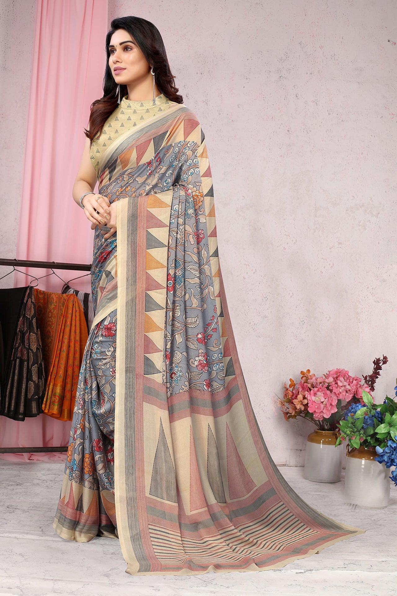 MIRCHI FASHION Women's  Stylish Chiffon Floral and Geometric Printed Saree with Blouse Piece