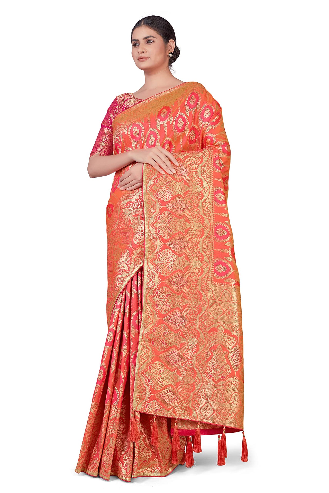 Monjolika Fashion Women's  Banarasi Silk Peach Color Golden Zari Woven Saree With Separate Embellished And Unsttiched Blouse Piece