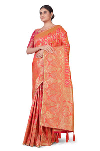 Monjolika Fashion Women's  Banarasi Silk Peach Color Golden Zari Woven Saree With Separate Embellished And Unsttiched Blouse Piece