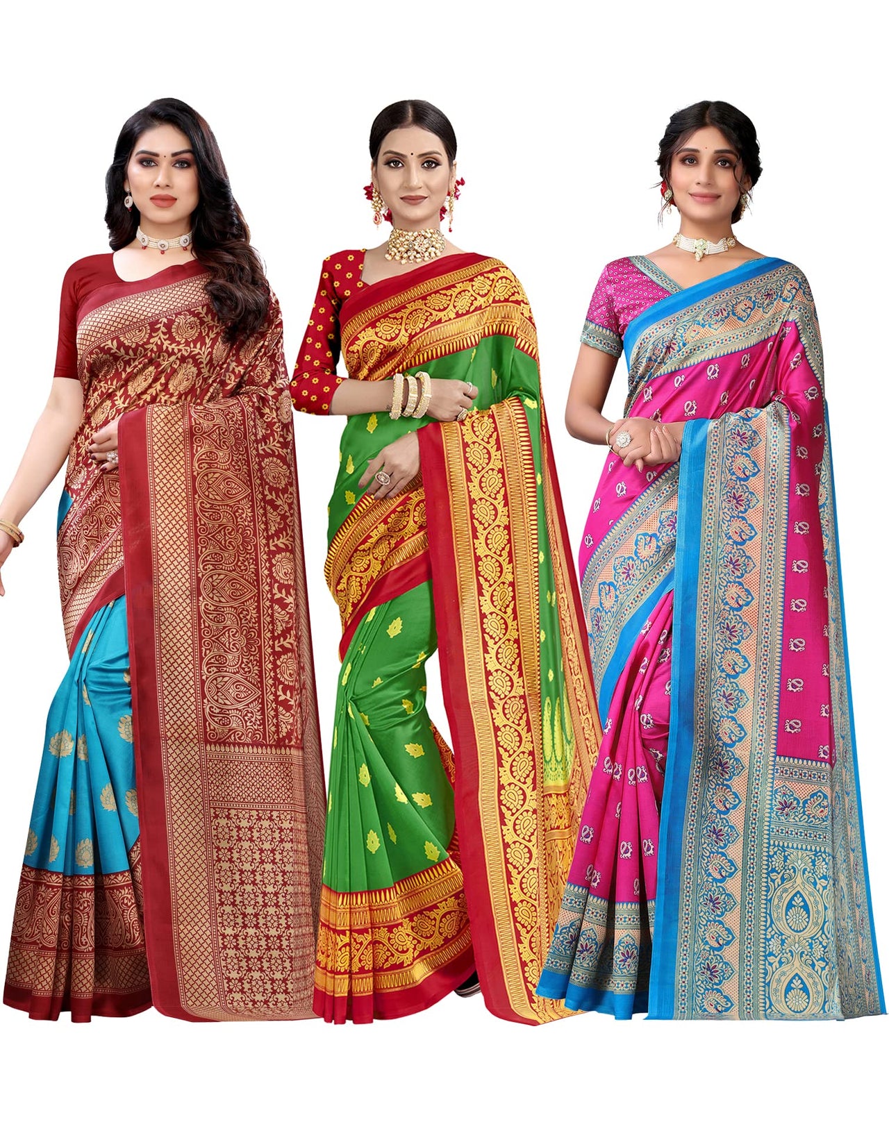 SIRIL Women's Poly Silk Saree Combo Pack Of 3 With Unstitched Blouse Piece