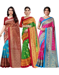 SIRIL Women's Poly Silk Saree Combo Pack Of 3 With Unstitched Blouse Piece