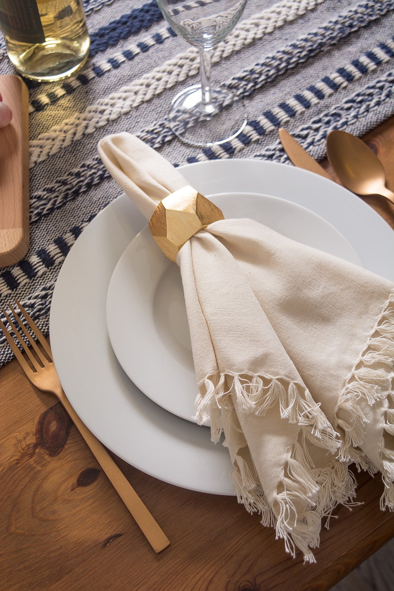 DII Farmhouse Braided Stripe Table Runner Collection, 15x72 (15x77, Fringe Included), Navy Blue