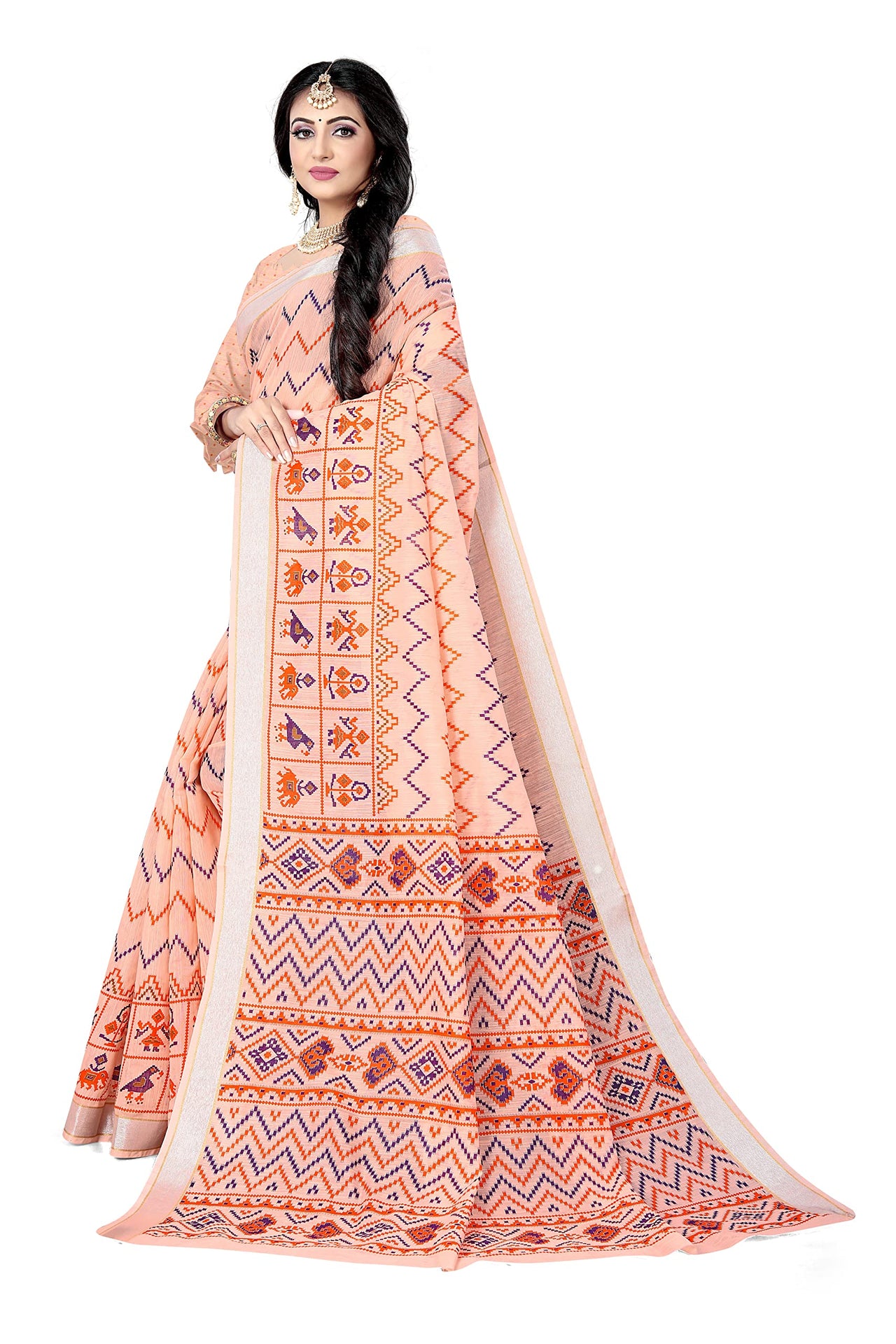 DHRUVI TRENDZ Women's  Cotton Silk Printed Banarasi Patola Silk Blend saree women with Blouse Piece (Orange)