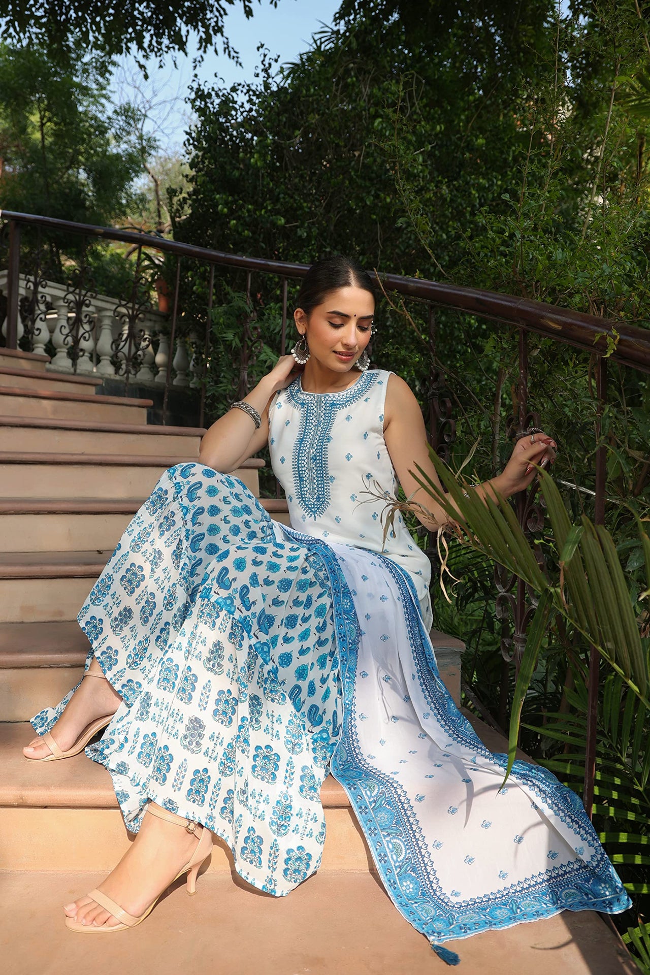 Juniper Blue Georgette Printed Straight Kurta Sharara Dupatta Set