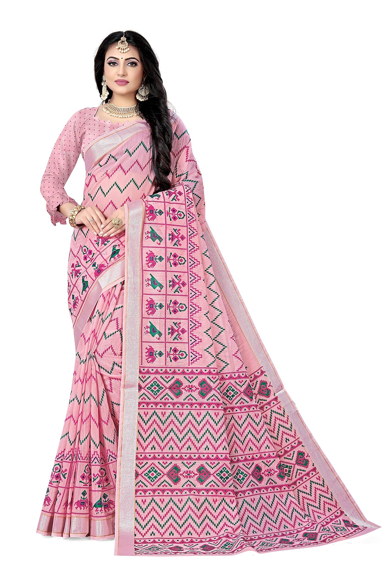 DHRUVI TRENDZ Women's  Cotton Silk Printed Banarasi Patola Silk Blend saree women with Blouse Piece (Orange)