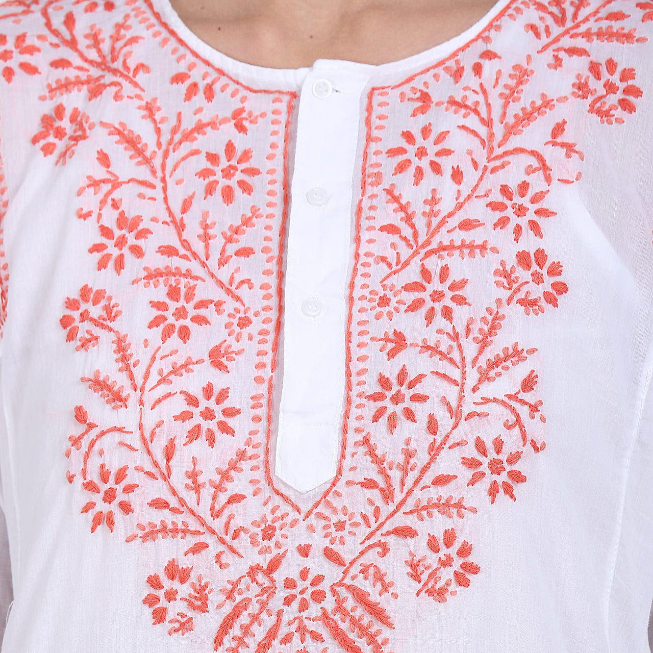 Paramount Women's  Chikankari Cotton White Straight Short Kurta Navy XS