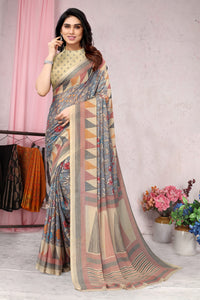 MIRCHI FASHION Women's  Stylish Chiffon Floral and Geometric Printed Saree with Blouse Piece