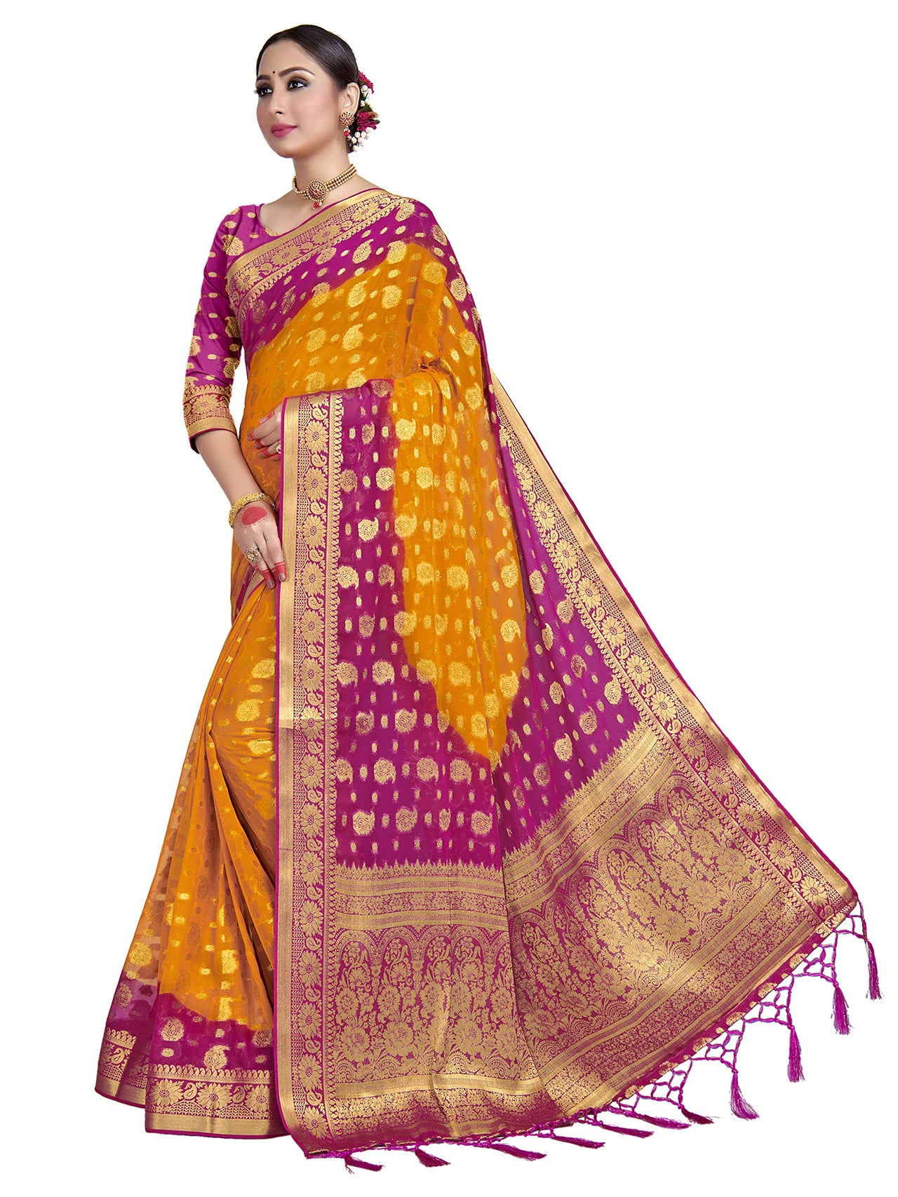 Vardha Women's  Chiffon Silk Saree with Unstitched Blouse Piece - Zari Woven Work Sarees for Wedding