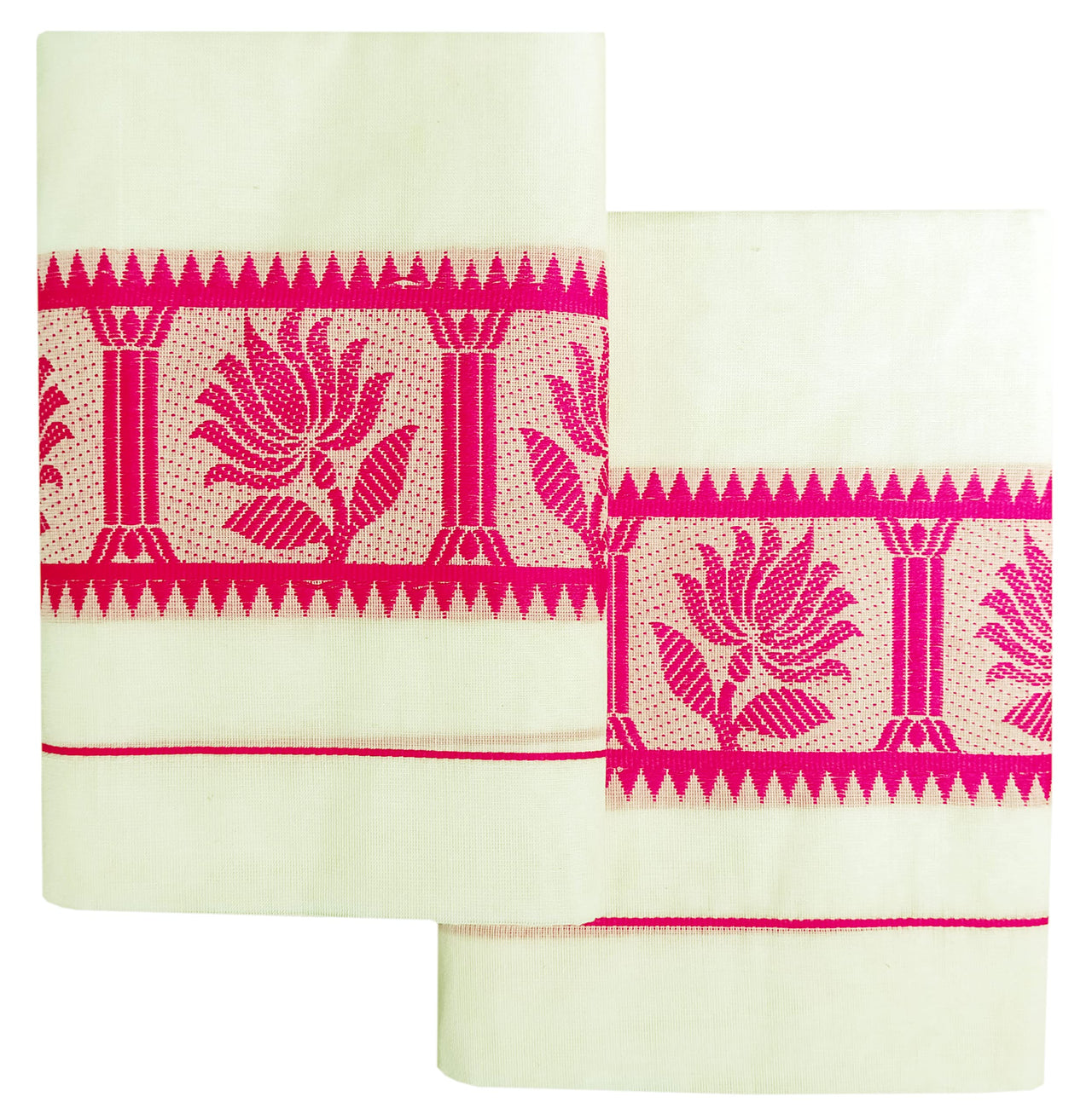 YETTALAN® Women's  Kerala Traditional Cotton Jacquard Work Set Mundu with Color Temple Border 2.00&2.80 Meters Maroon Peacock