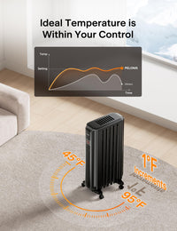 PELONIS Oil Filled Radiator, Electric Space Heater for Indoor Use Large Room with Thermostat & Remote, 3 Modes & 3 Heat Settings, ECO Mode, 24H Timer, Quiet, Overheat & Tip-Over Protection, 1500W Premium with LED Display Black