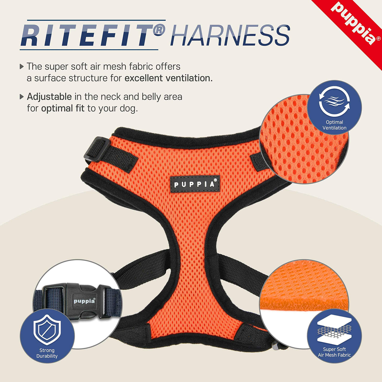 Authentic Puppia RiteFit Harness with Adjustable Neck, Navy, Large