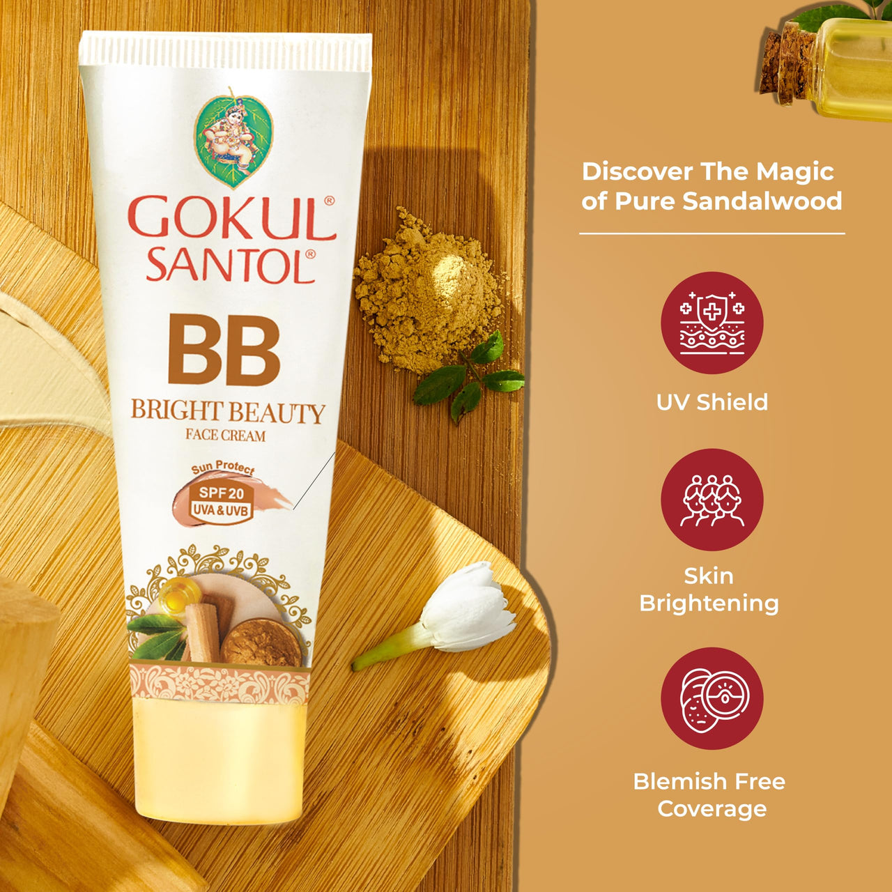 Gokul Santol Pure Sandalwood BB Cream - Brightening Beauty Cream with UV Protection | 25g (Pack of 3) | Moisturizing & Blemish-Free Coverage