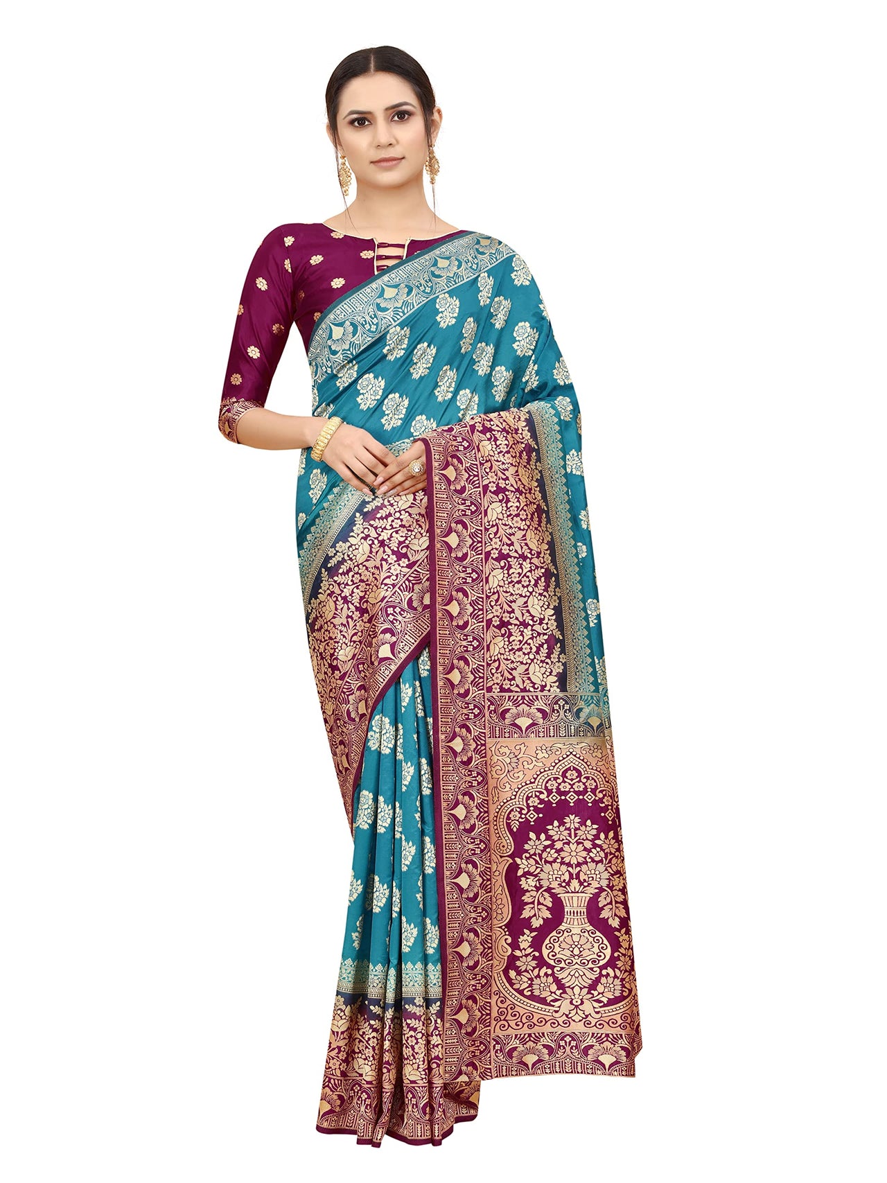SATYAM WEAVES Women's  Banarasi Cotton Silk Saree With Blouse Piece
