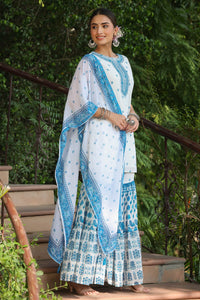 Juniper Blue Georgette Printed Straight Kurta Sharara Dupatta Set