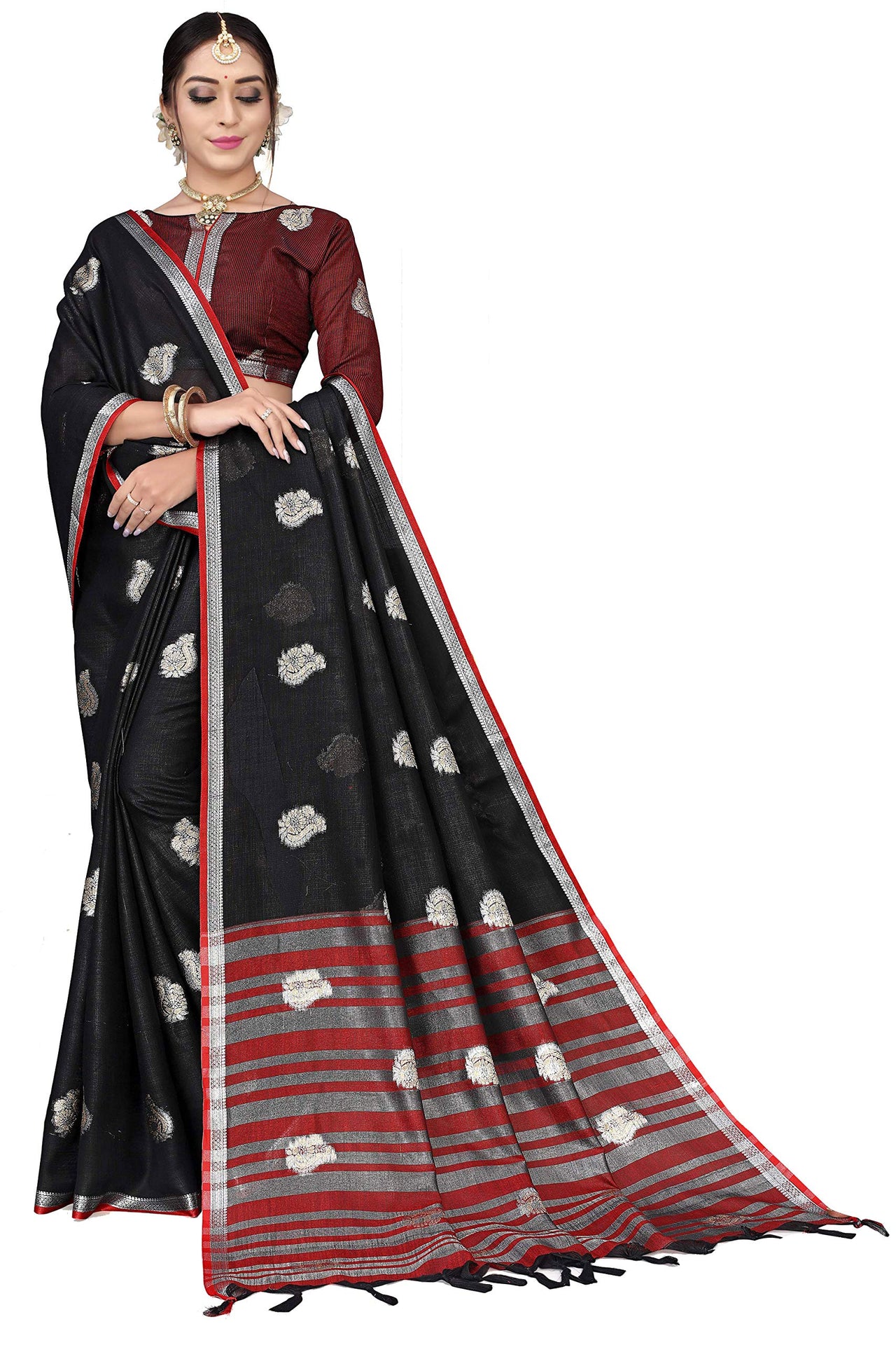 RANI SAAHIBA Women's  Poly Cotton Linen Butti Woven Saree with Blouse Piece