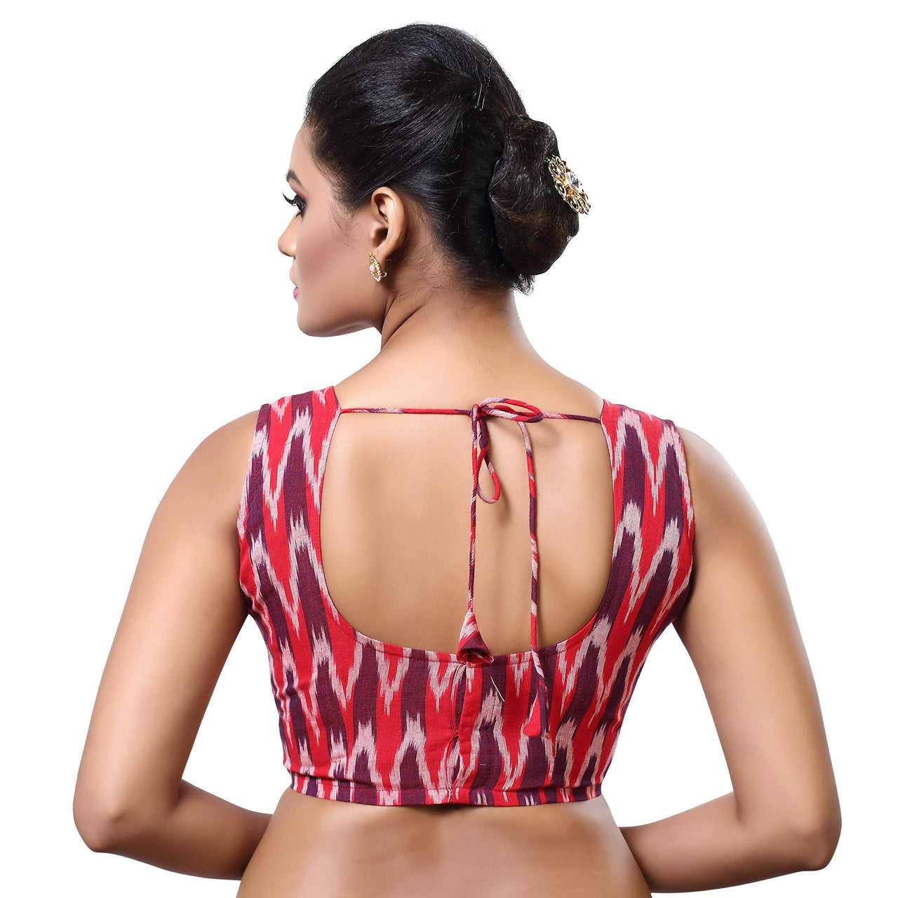 Madhu Fashion Women's  Cotton Ikat Print Sleeveless Readymade Blouse