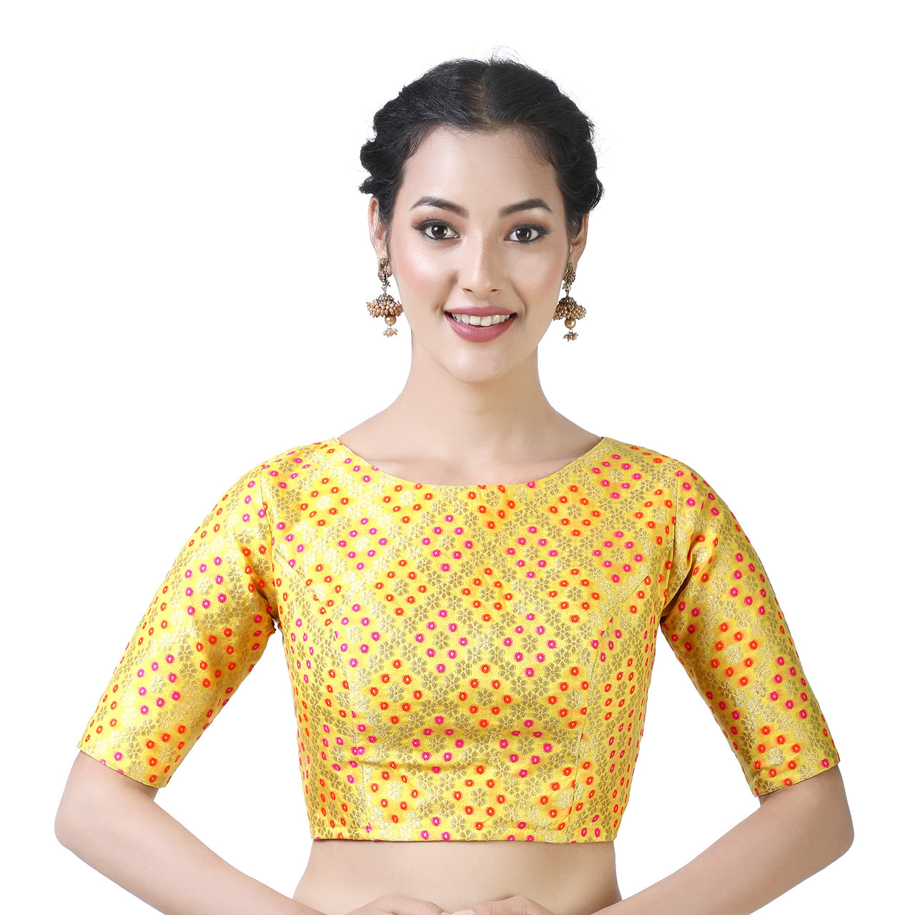X3 Women's  Brocade Zari Weaving Elbow Length Sleeves Saree Blouse