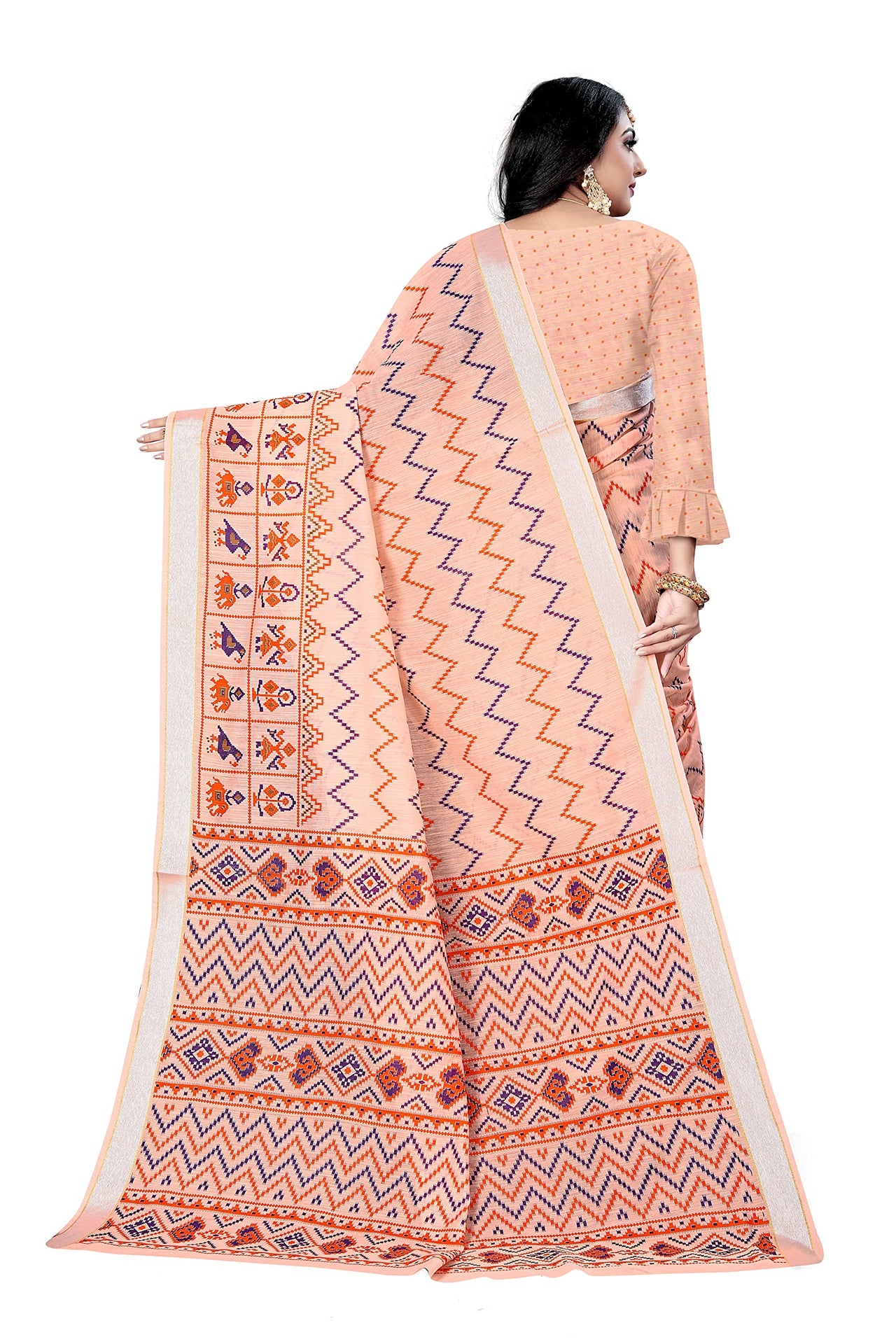 DHRUVI TRENDZ Women's  Cotton Silk Printed Banarasi Patola Silk Blend saree women with Blouse Piece (Orange)