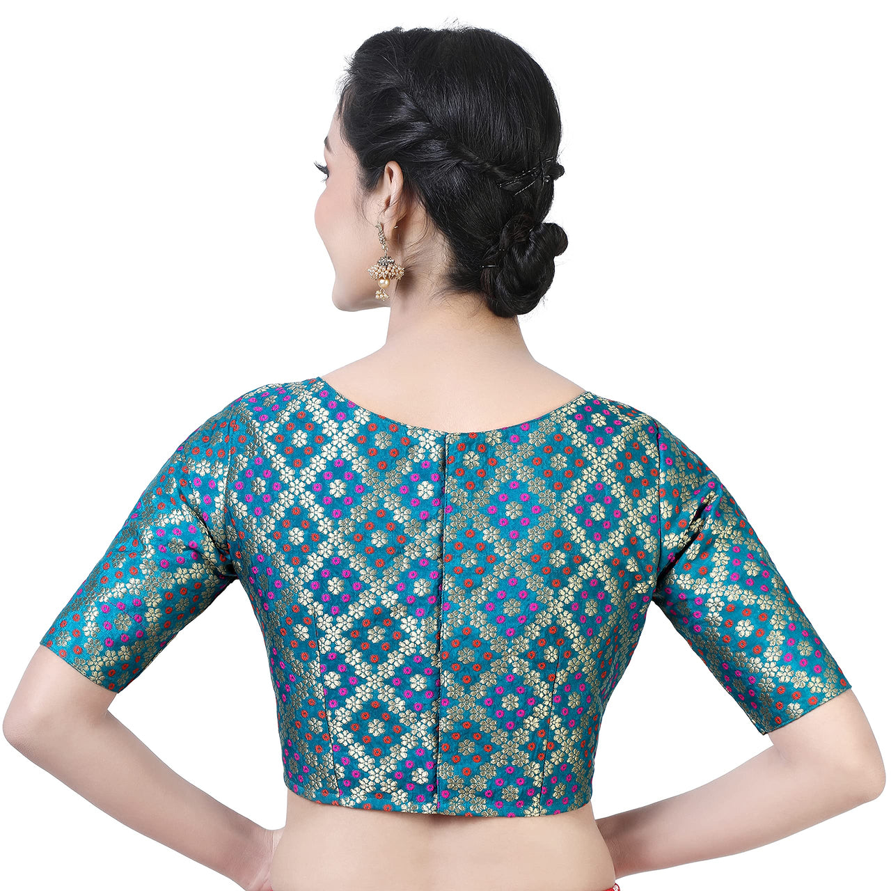 X3 Women's  Brocade Zari Weaving Elbow Length Sleeves Saree Blouse