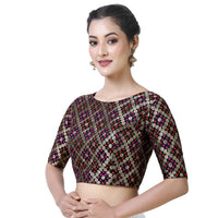 X3 Women's  Brocade Zari Weaving Elbow Length Sleeves Saree Blouse