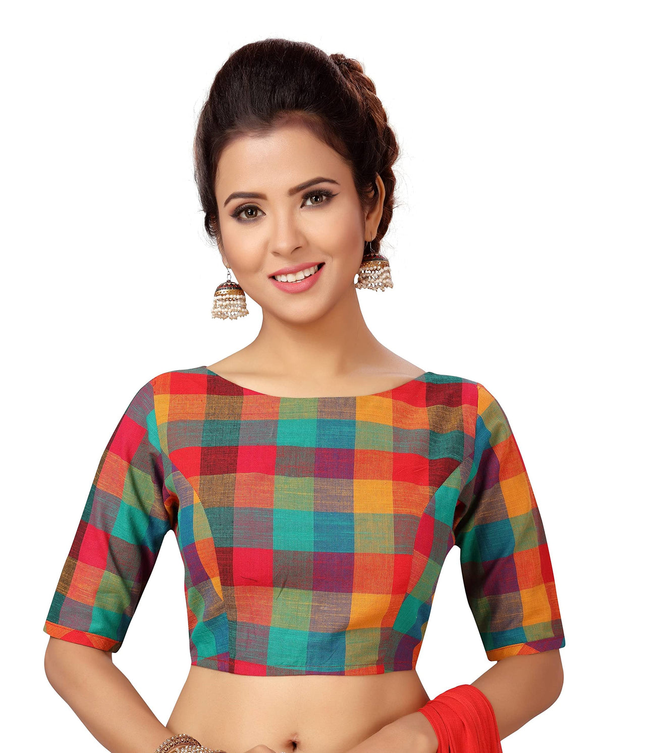 X3 Women's  Pure Cotton Madras Checks Elbow Length Sleeves Saree Blouse