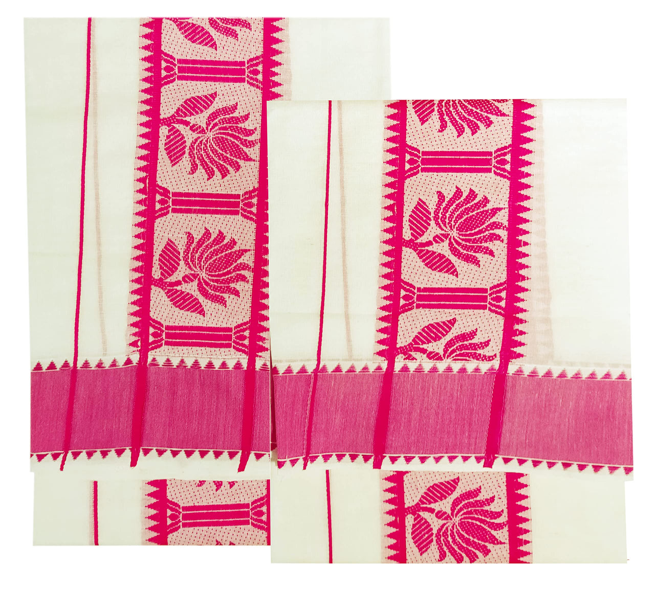 YETTALAN® Women's  Kerala Traditional Cotton Jacquard Work Set Mundu with Color Temple Border 2.00&2.80 Meters Maroon Peacock