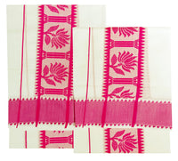 YETTALAN® Women's  Kerala Traditional Cotton Jacquard Work Set Mundu with Color Temple Border 2.00&2.80 Meters Maroon Peacock