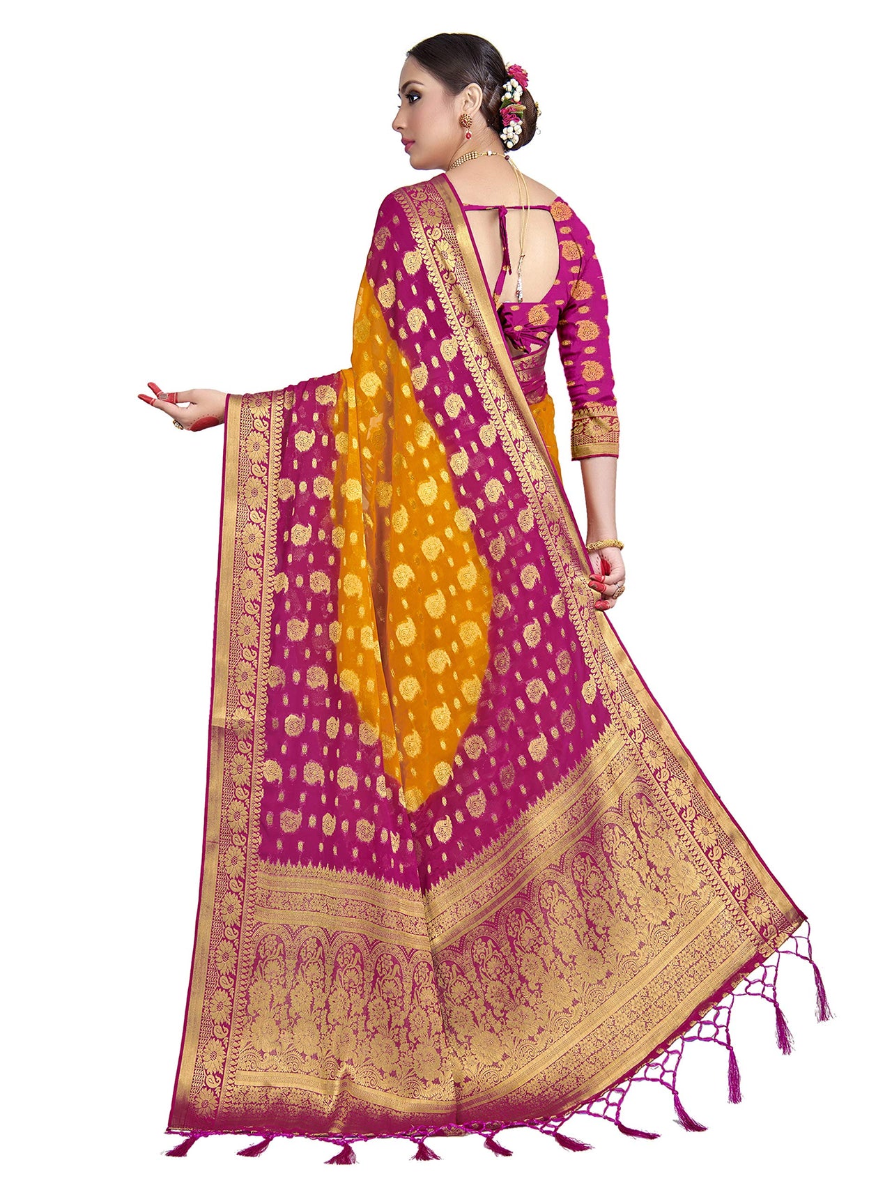 Vardha Women's  Chiffon Silk Saree with Unstitched Blouse Piece - Zari Woven Work Sarees for Wedding