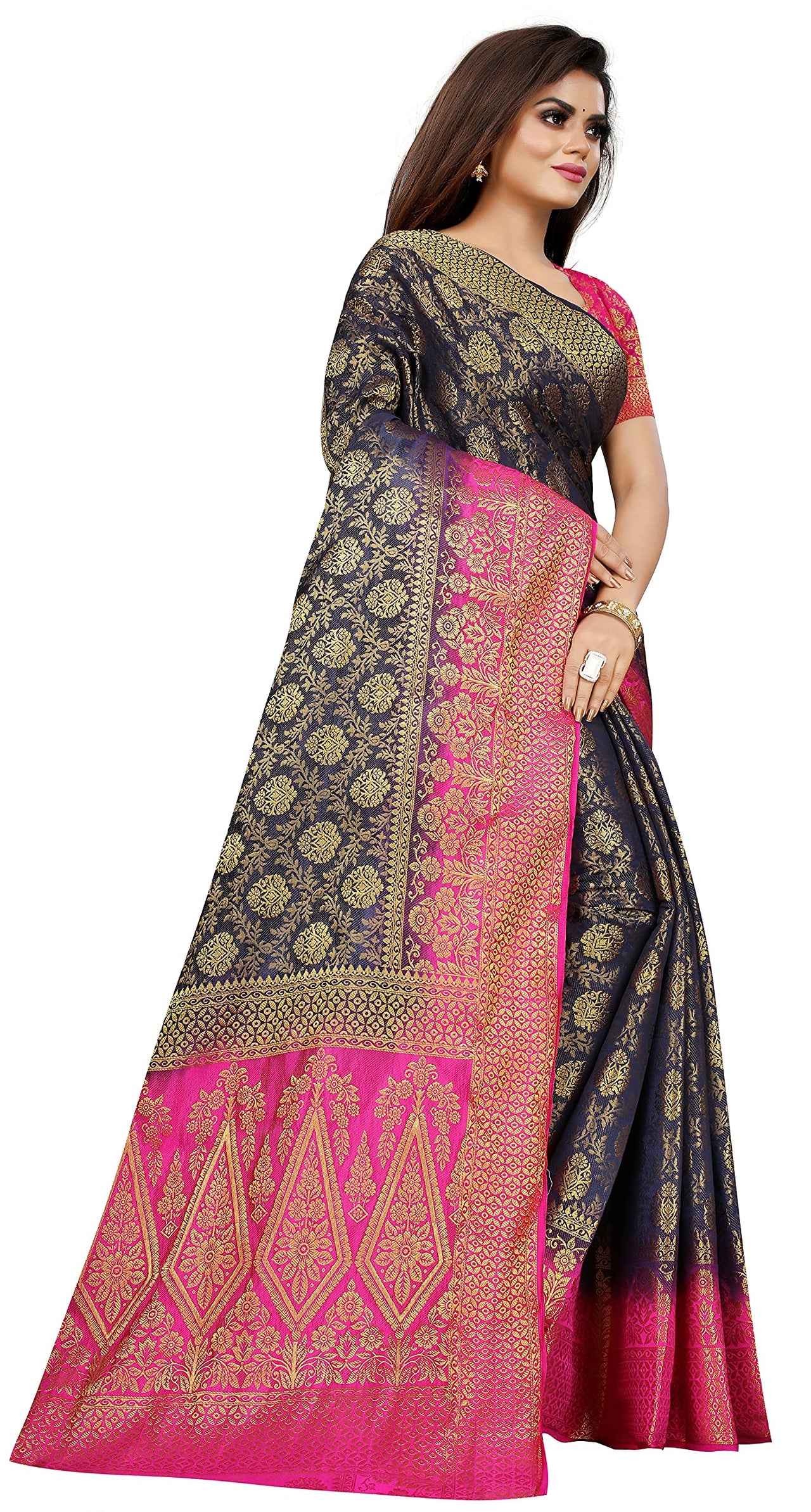 iZibra Women's  Pure Kanjivaram Silk Sraee Kanchipuram Pattu Sarees With Blouse Piece