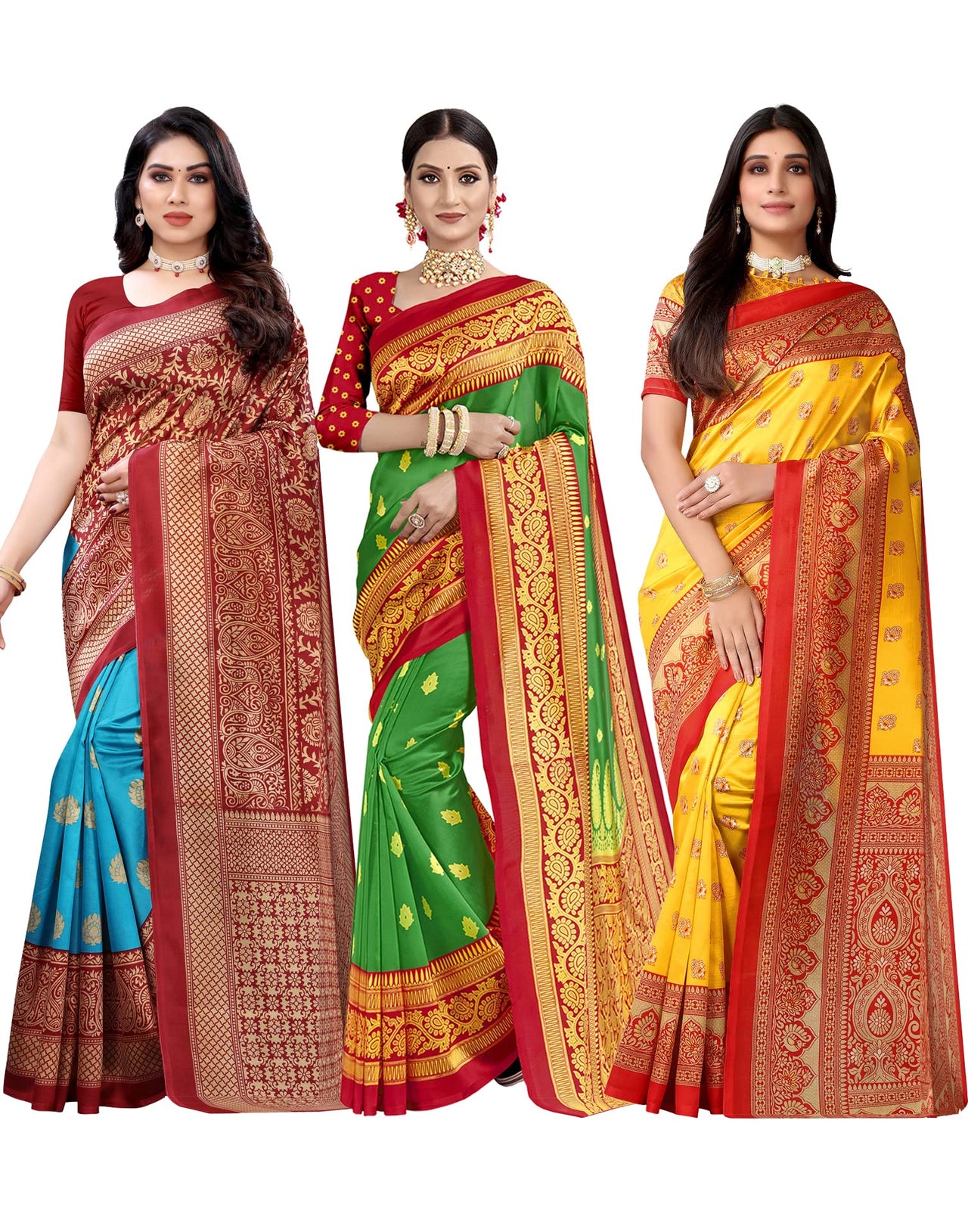 SIRIL Women's Poly Silk Saree Combo Pack Of 3 With Unstitched Blouse Piece