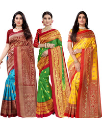 SIRIL Women's Poly Silk Saree Combo Pack Of 3 With Unstitched Blouse Piece