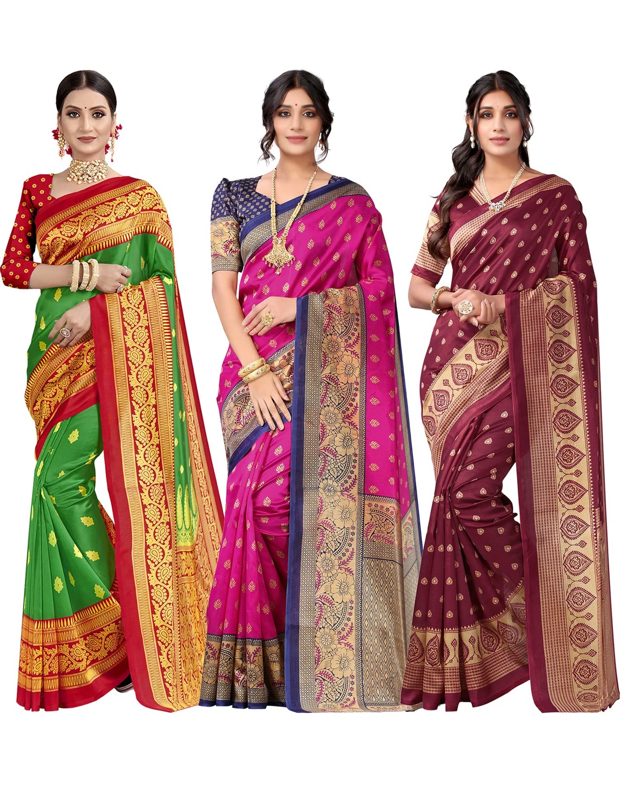 SIRIL Women's Poly Silk Saree Combo Pack Of 3 With Unstitched Blouse Piece
