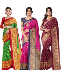 SIRIL Women's Poly Silk Saree Combo Pack Of 3 With Unstitched Blouse Piece