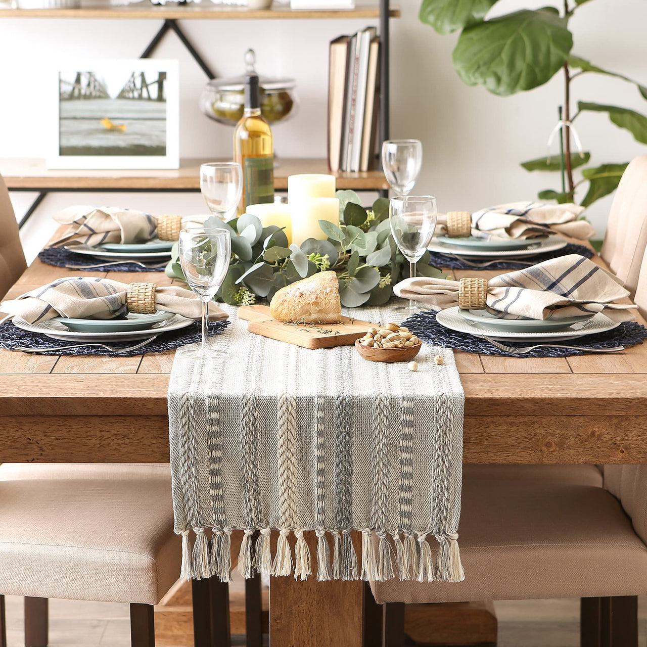 DII Farmhouse Braided Stripe Table Runner Collection, 15x72 (15x77, Fringe Included), Cool Gray 15x72" (15x77", Fringe Included) Striped