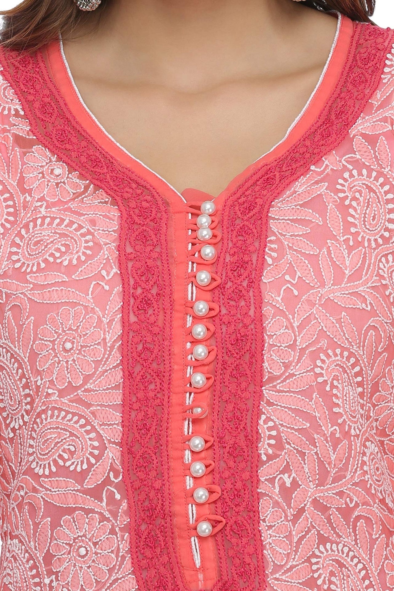 Ada Women's  Hand Embroidered Faux Georgette Lucknowi Chikankari Kurti with Slip