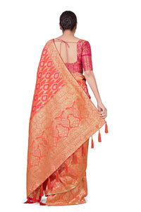 Monjolika Fashion Women's  Banarasi Silk Peach Color Golden Zari Woven Saree With Separate Embellished And Unsttiched Blouse Piece