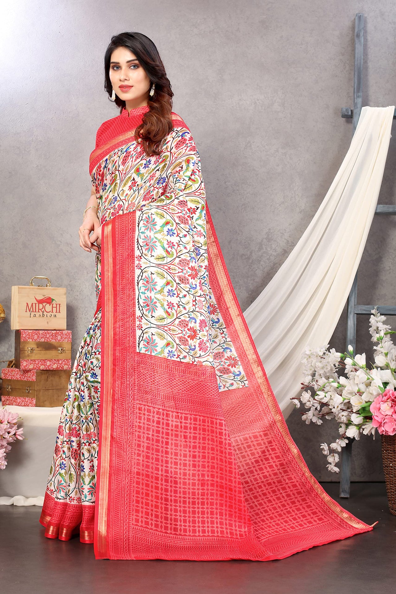 MIRCHI FASHION Women's  Fancy Penny Cotton Blend Kalamkari Printed Saree with Blouse Piece