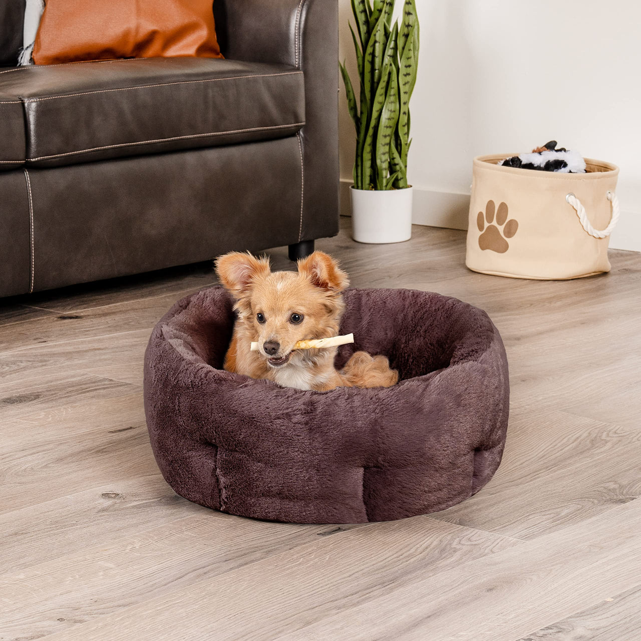 Furhaven 20" Round Self-Warming Pet Bed for Indoor Cats & Small Dogs, 100% Washable, For Pets Up to 20 lbs - Hi Lo Plush Luxe Faux Fur Cuddler - Sable Brown, Small Hi Lo Cuddler - Faux Fur (Sable Brown) 20.0"L x 20.0"W x 12.0"Th Self-Warming Cuddler