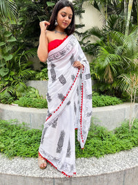 Shivanya Handicrafts Cotton Mulmul Saree for Women Attached Pom Pom Lace Red & Black 1