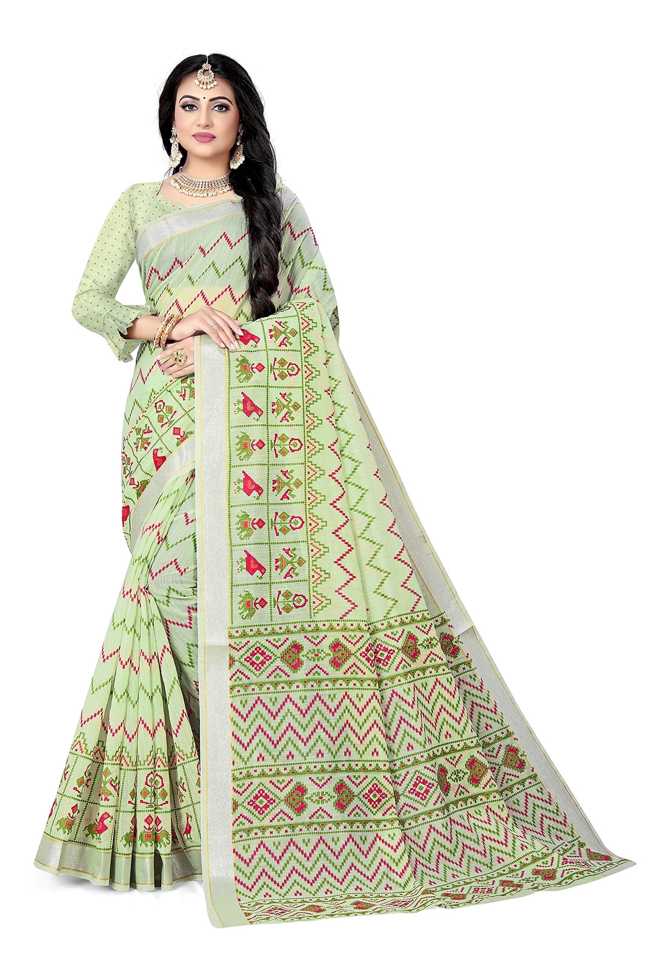 DHRUVI TRENDZ Women's  Cotton Silk Printed Banarasi Patola Silk Blend saree women with Blouse Piece (Orange)