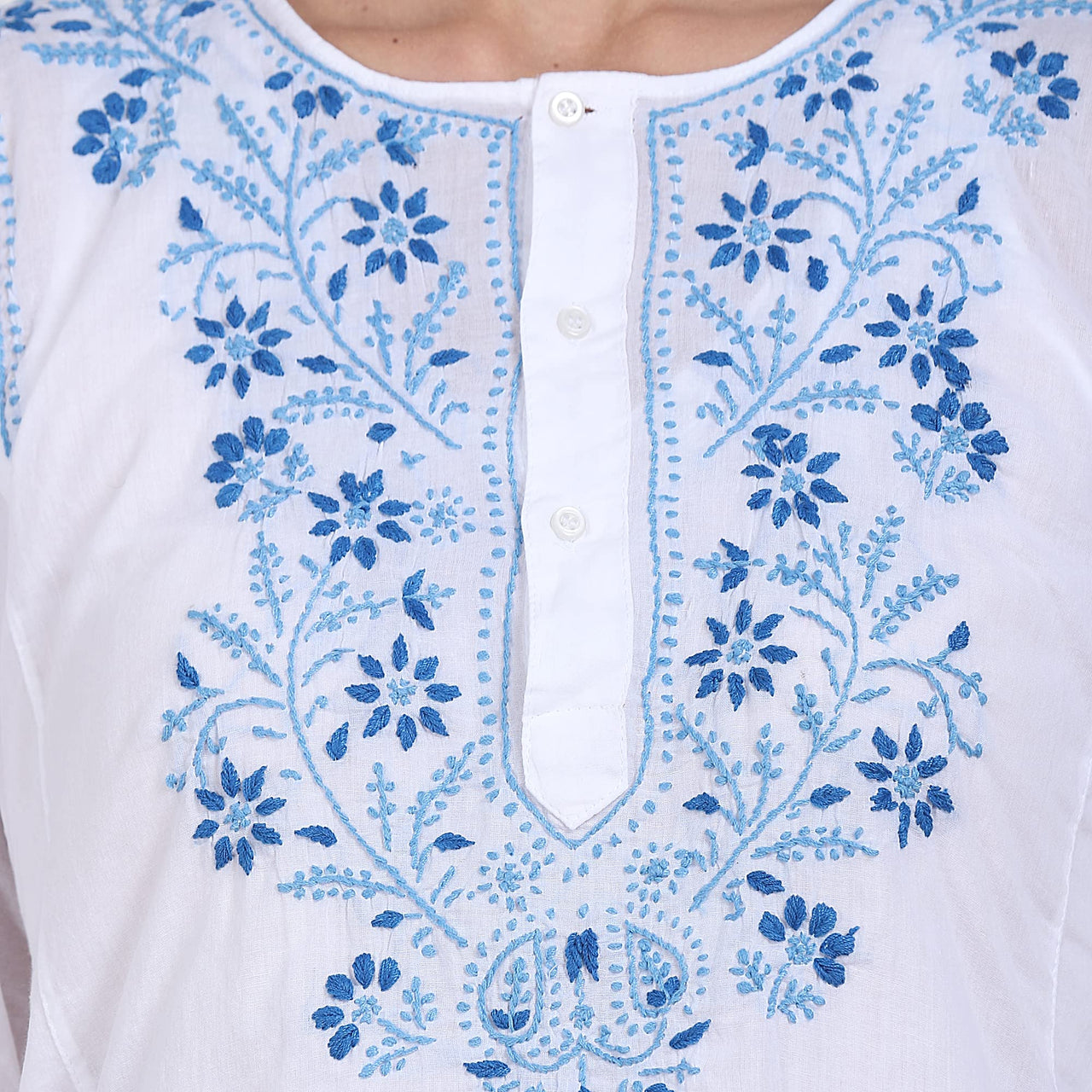 Paramount Women's  Chikankari Cotton White Straight Short Kurta Navy XS