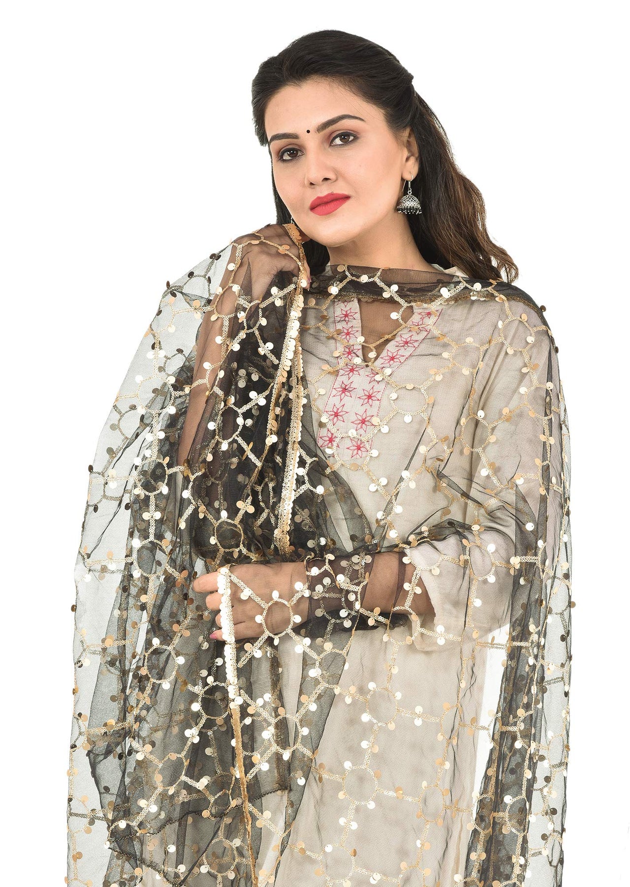 YOUTHQUAKE Heavy Embellished Plastic Mirror Net Dupatta for Womens & Girls