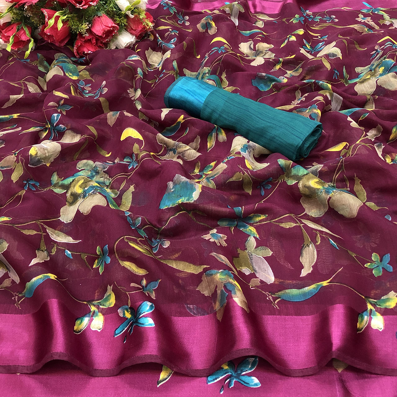 Tarshika Women's  Linen Blend Printed Saree With Blouse Piece(LINEN SAREE_NEW)