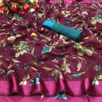 Tarshika Women's  Linen Blend Printed Saree With Blouse Piece(LINEN SAREE_NEW)